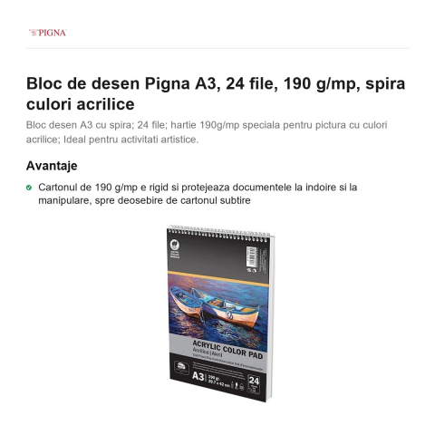Bloc de desen Pigna A3, 24 file, 190 g/mp, spira culori acrilice [1]