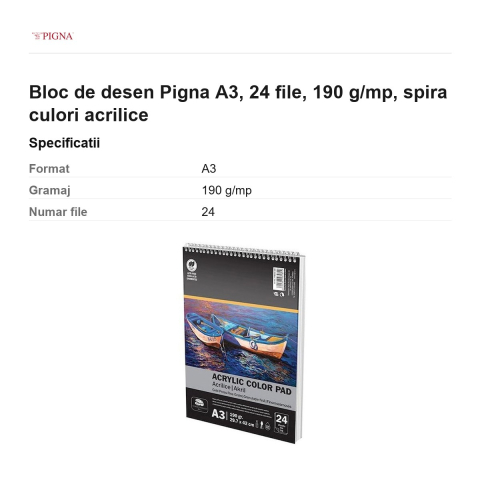Bloc de desen Pigna A3, 24 file, 190 g/mp, spira culori acrilice [2]