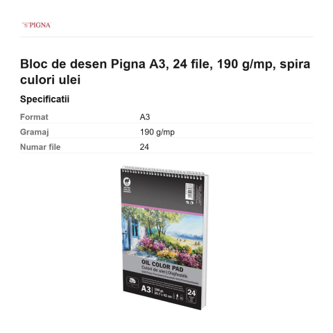 Bloc de desen Pigna A3, 24 file, 190 g/mp, spira culori ulei [2]