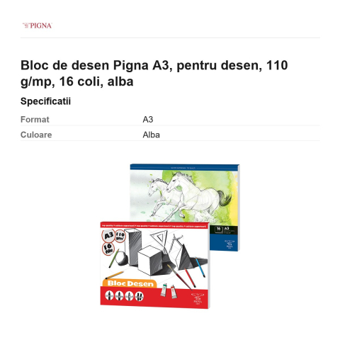 Bloc de desen Pigna A3, pentru desen, 110 g/mp, 16 coli, alba [2]