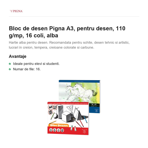 Bloc de desen Pigna A3, pentru desen, 110 g/mp, 16 coli, alba [1]