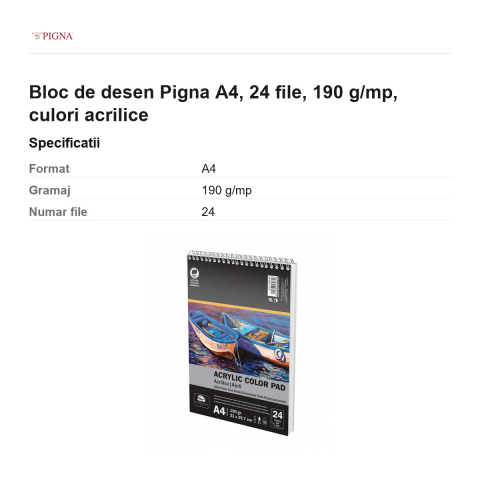 Bloc de desen Pigna A4, 24 file, 190 g/mp, culori acrilice [2]