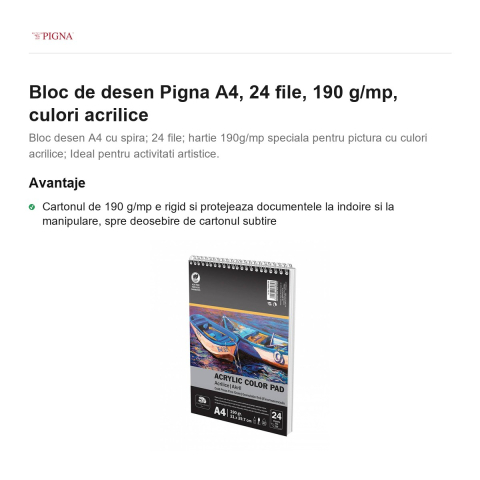 Bloc de desen Pigna A4, 24 file, 190 g/mp, culori acrilice [1]