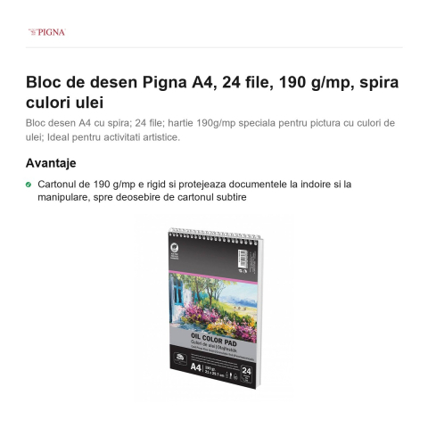 Bloc de desen Pigna A4, 24 file, 190 g/mp, spira culori ulei [1]