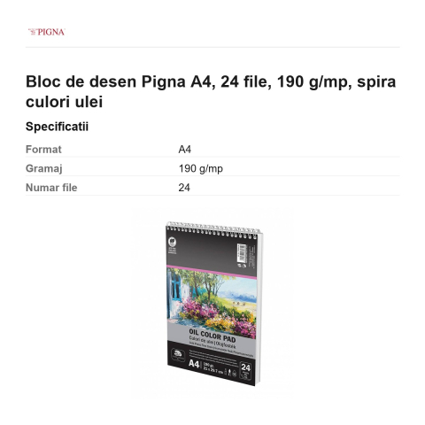 Bloc de desen Pigna A4, 24 file, 190 g/mp, spira culori ulei [2]