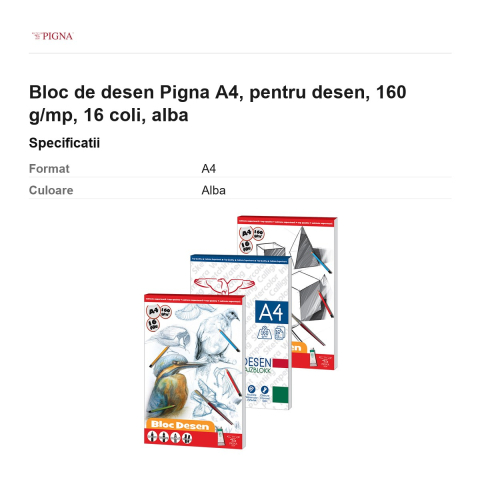 Bloc de desen Pigna A4, pentru desen, 160 g/mp, 16 coli, alba [2]