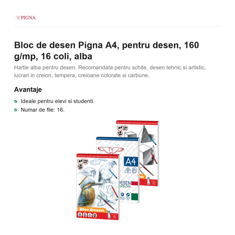 Bloc de desen Pigna A4, pentru desen, 160 g/mp, 16 coli, alba [1]