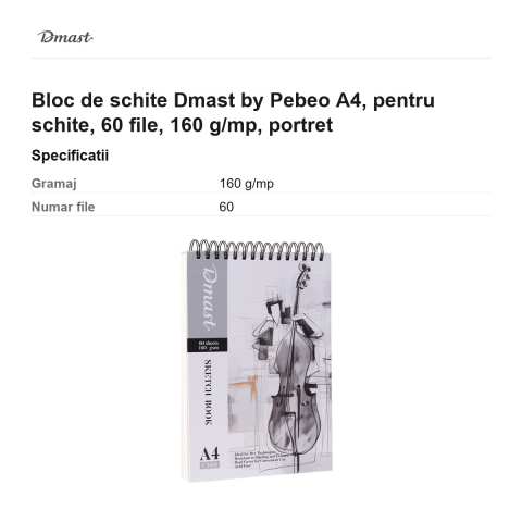 Bloc de schite Dmast by Pebeo A4, pentru schite, 60 file, 160 g/mp, portret [2]