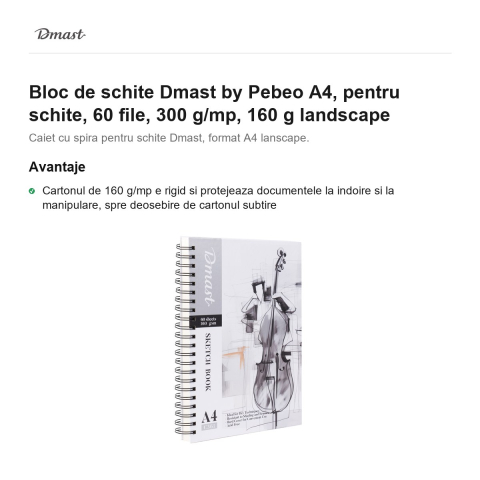 Bloc de schite Dmast by Pebeo A4, pentru schite, 60 file, 300 g/mp, 160 g landscape [1]