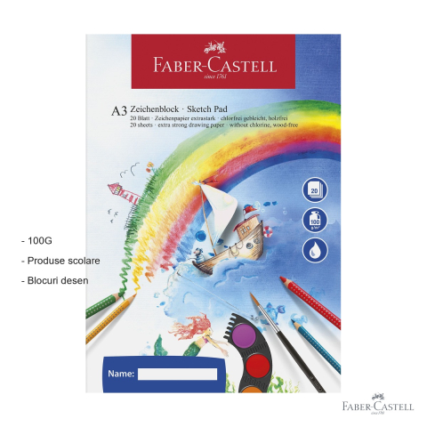Bloc desen A3 Faber-Castell, 20 file, hartie 100g/mp pentru acuarela, coli preperforate [1]