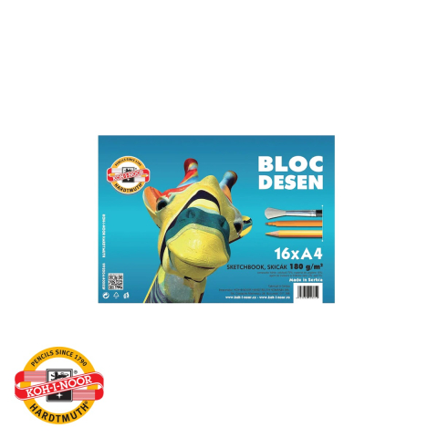 Birotica papetarie - Bloc desen A4 Koh-I-Noor, hartie alba 180 g/mp, 16 file, pentru creioane, carioci si acuarele