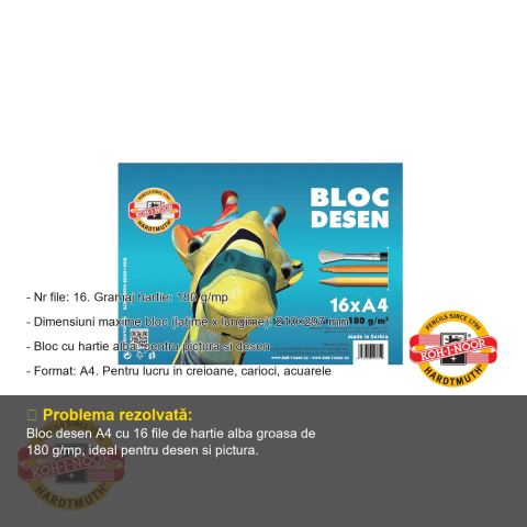 Bloc desen A4 Koh-I-Noor, hartie alba 180 g/mp, 16 file, pentru creioane, carioci si acuarele [1]