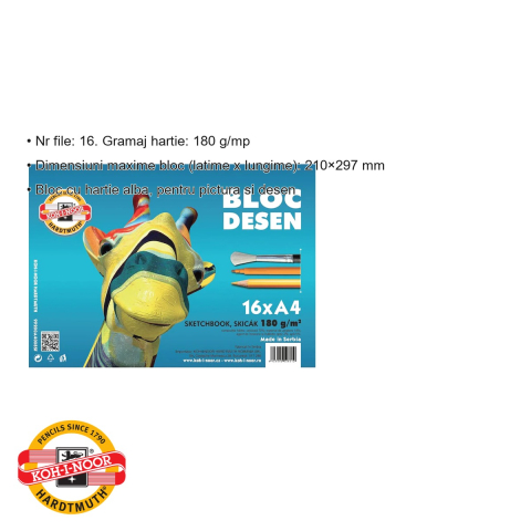 Bloc desen A4 Koh-I-Noor, hartie alba 180 g/mp, 16 file, pentru creioane, carioci si acuarele [2]