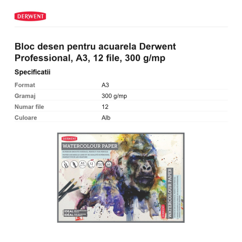Bloc desen pentru acuarela Derwent Professional, A3, 12 file, 300 g/mp [2]