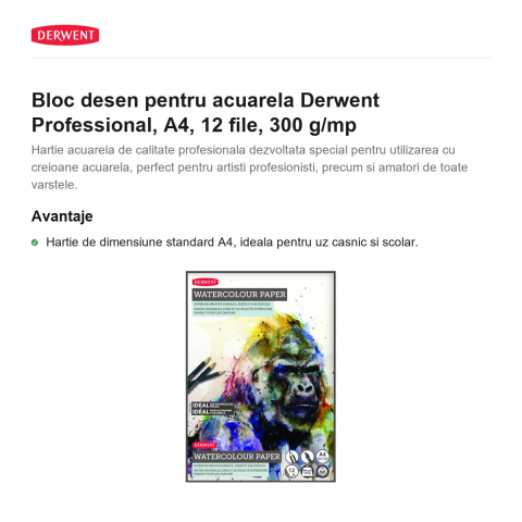 Bloc desen pentru acuarela Derwent Professional, A4, 12 file, 300 g/mp [1]