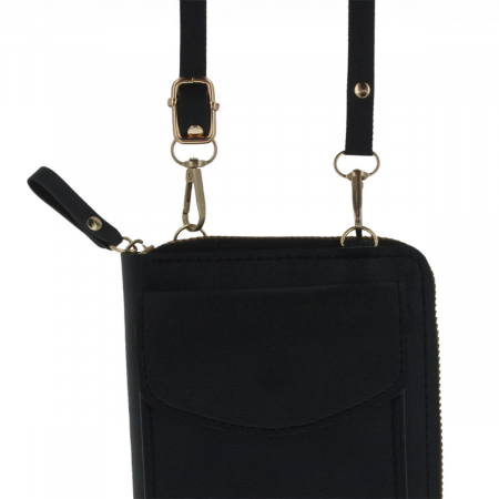 Borseta pentru smartphone, bani si documente, Model 22768, dimensiuni 20 x 11 x 4.5 cm, cu o curea reglabila de 126 cm, din piele ecologica, neagra [2]