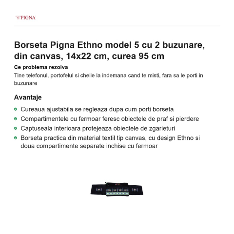 Borseta Pigna Ethno model 5 cu 2 buzunare, din canvas, 14x22 cm, curea 95 cm [1]