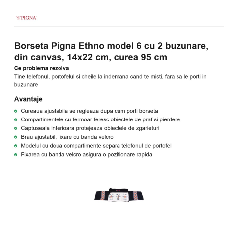 Borseta Pigna Ethno model 6 cu 2 buzunare, din canvas, 14x22 cm, curea 95 cm [1]