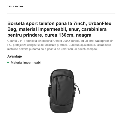 Borseta sport telefon pana la 7inch, UrbanFlex Bag, material impermeabil, snur, carabiniera pentru prindere, curea 130cm, neagra [1]