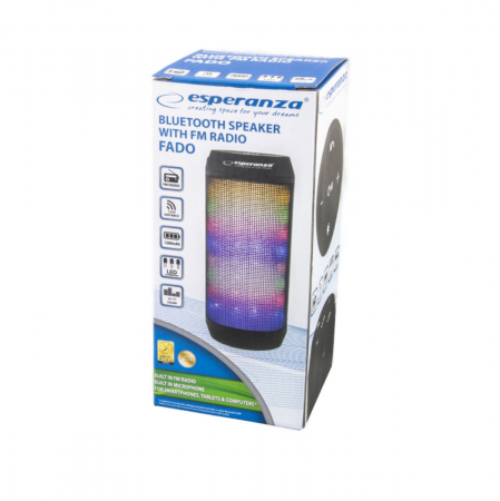 Boxa portabila Esperanza Fado, 2 x 3W, radio Fm, bluetooth, intrare AUX jack 3.5mm, acumulator 1200 mAh, slot card TF, lumini led, dimensiuni 175 x 76mm, neagra [2]