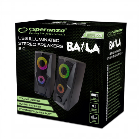 Boxe 6W USB 2.0 cu LED RGB, Esperanza Rainbow BAILA, cablu 120 cm, control volum, negre [2]