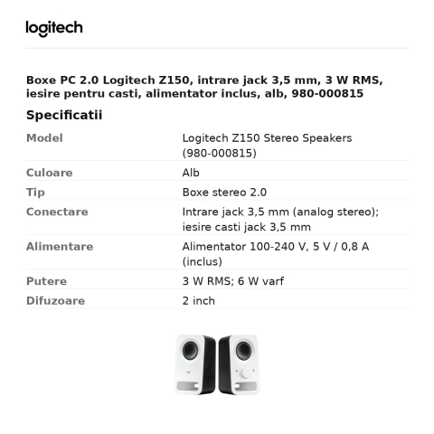 Boxe PC 2.0 Logitech Z150, intrare jack 3,5 mm, 3 W RMS, iesire pentru casti, alimentator inclus, alb, 980-000815 [2]