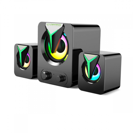Boxe 2.1 - Boxe stereo 2.1, 10W, conectare jack 3.5mm, alimentare USB, Esperanza Rainbow Soprano 95857, iluminare RGB, negre
