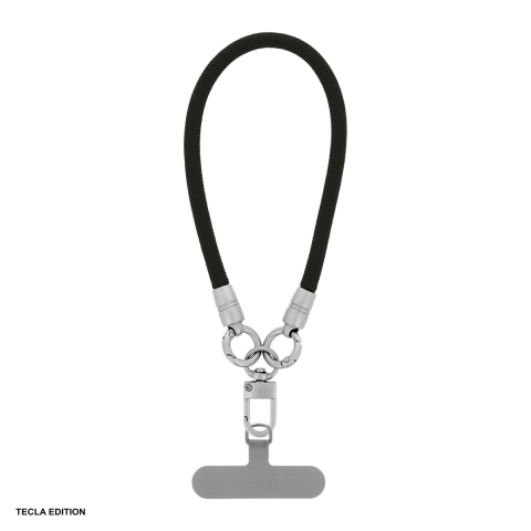 Snururi si lanturi telefon - Bratara Elegant pentru telefon, lungime 30 cm, grosime 7mm, prindere la incheietura mainii, carabiniera metalica, cu insertie inclusa pentru montare sub carcasa, poliester, Neagra