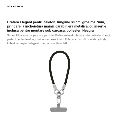 Bratara Elegant pentru telefon, lungime 30 cm, grosime 7mm, prindere la incheietura mainii, carabiniera metalica, cu insertie inclusa pentru montare sub carcasa, poliester, Neagra [1]