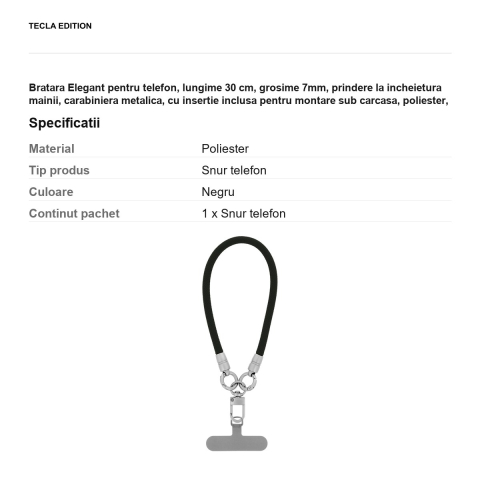 Bratara Elegant pentru telefon, lungime 30 cm, grosime 7mm, prindere la incheietura mainii, carabiniera metalica, cu insertie inclusa pentru montare sub carcasa, poliester, Neagra [2]