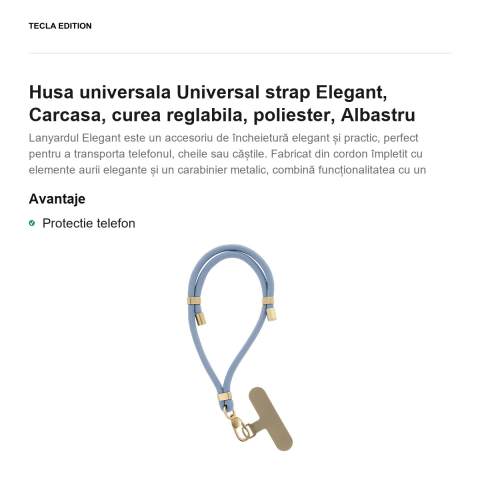 Bratara Elegant pentru telefon, lungime 50 cm, grosime 6mm, prindere la incheietura mainii, carabiniera metalica, cu insertie inclusa pentru montare sub carcasa, poliester, Albastra [1]