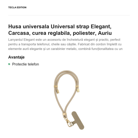 Bratara Elegant pentru telefon, lungime 50 cm, grosime 6mm, prindere la incheietura mainii, carabiniera metalica, cu insertie inclusa pentru montare sub carcasa, poliester, Aurie [1]