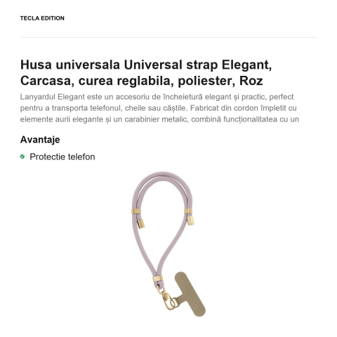 Bratara Elegant pentru telefon, lungime 50 cm, grosime 6mm, prindere la incheietura mainii, carabiniera metalica, cu insertie inclusa pentru montare sub carcasa, poliester, Roz [1]