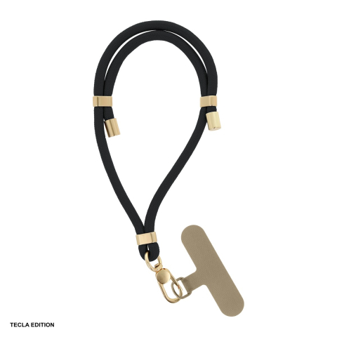 Snururi si lanturi telefon - Bratara Elegant pentru telefon, lungime 50 cm, grosime 6mm, prindere la incheietura mainii, carabiniera metalica, cu insertie inclusa pentru montare sub carcasa, poliester, Neagra