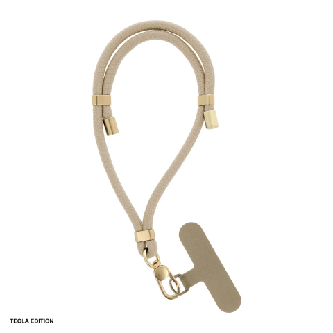 Snururi si lanturi telefon - Bratara Elegant pentru telefon, lungime 50 cm, grosime 6mm, prindere la incheietura mainii, carabiniera metalica, cu insertie inclusa pentru montare sub carcasa, poliester, Aurie