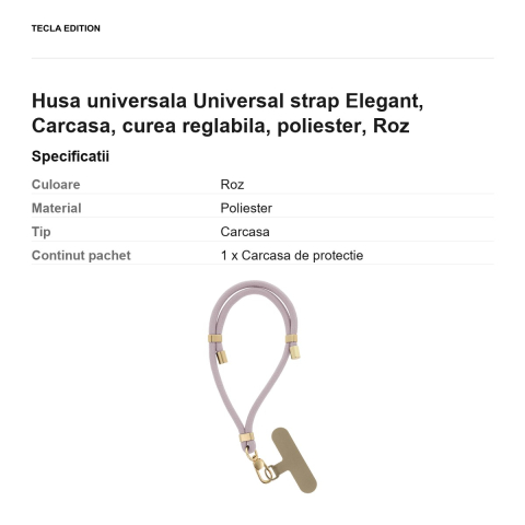 Bratara Elegant pentru telefon, lungime 50 cm, grosime 6mm, prindere la incheietura mainii, carabiniera metalica, cu insertie inclusa pentru montare sub carcasa, poliester, Roz [2]