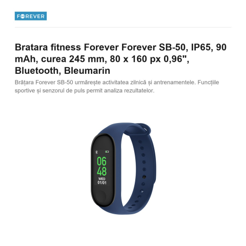 Bratara fitness Forever Forever SB-50, IP65, 90 mAh, curea 245 mm, 80 x 160 px 0,96", Bluetooth, Bleumarin [1]