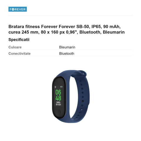Bratara fitness Forever Forever SB-50, IP65, 90 mAh, curea 245 mm, 80 x 160 px 0,96", Bluetooth, Bleumarin [2]