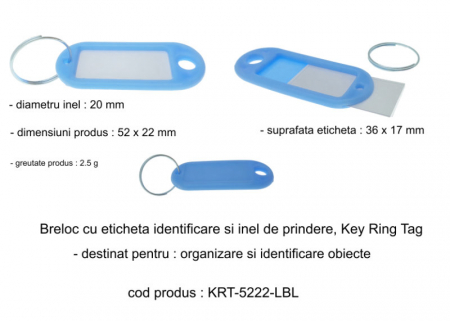 Breloc albastru deschis cu eticheta identificare si inel de prindere, Key Ring Tag, 52 x 22 mm, din plastic [5]