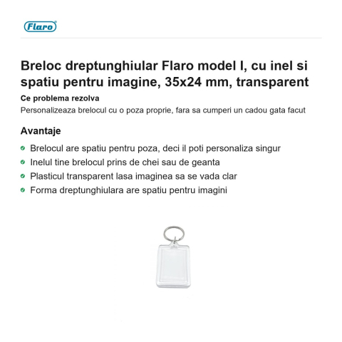 Breloc dreptunghiular Flaro model I, cu inel si spatiu pentru imagine, 35x24 mm, transparent [1]