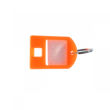 Bricolaj - Breloc portocaliu, 40 x 28 mm, cu eticheta de identificare si inel de prindere, Key Ring Tag, din plastic
