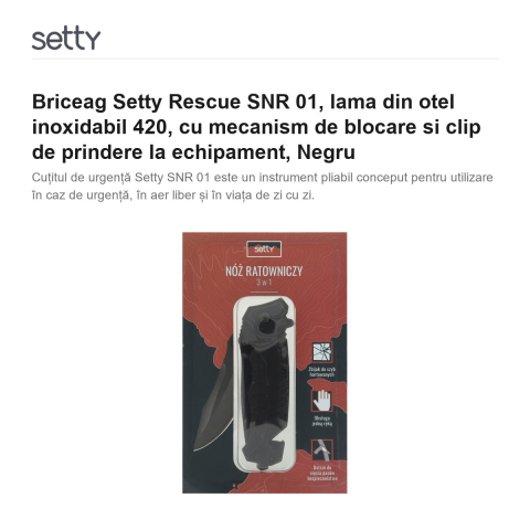 Briceag Setty Rescue SNR 01, lama din otel inoxidabil 420, cu mecanism de blocare si clip de prindere la echipament, Negru [1]