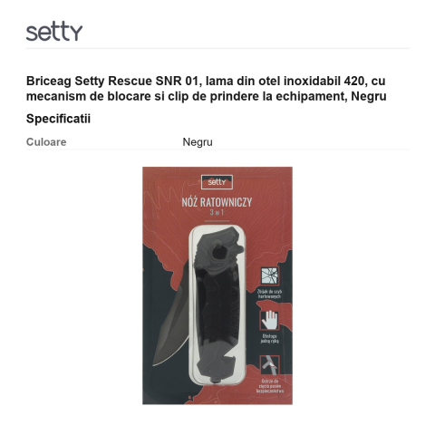 Briceag Setty Rescue SNR 01, lama din otel inoxidabil 420, cu mecanism de blocare si clip de prindere la echipament, Negru [2]
