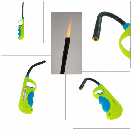 Bricheta cu gaz si aprinzator antivant, gat flexibil, rezervor reincarcabil, buton blocare, lungime 28 cm, verde cu albastru [3]