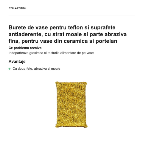 Burete de vase pentru teflon si suprafete antiaderente, cu strat moale si parte abraziva fina, pentru vase din ceramica si portelan [1]
