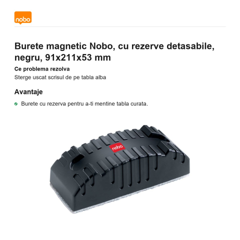 Burete magnetic Nobo, cu rezerve detasabile, negru, 91x211x53 mm [1]