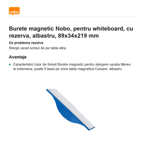 Burete magnetic Nobo, pentru whiteboard, cu rezerva, albastru, 89x34x219 mm [1]