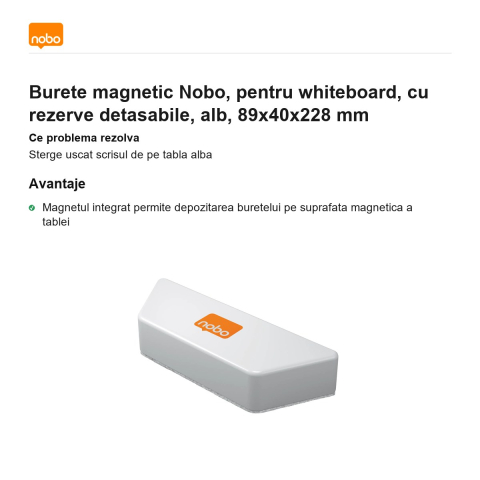 Burete magnetic Nobo, pentru whiteboard, cu rezerve detasabile, alb, 89x40x228 mm [1]