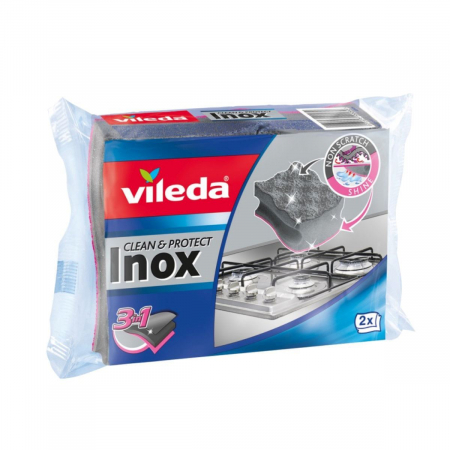 Bureti si spalatoare - Bureti de vase Vileda Clean&Shine 19998, suprafete inox,6.5x9x4.2cm, pachet 2 bucati