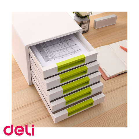 Cabinet cu 5 sertare Deli, finisaj lucios alb-vernil, organizare documente pentru birou [3]